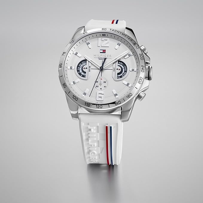Mens Multifunction Quartz Watch White Dial Silicone Strap