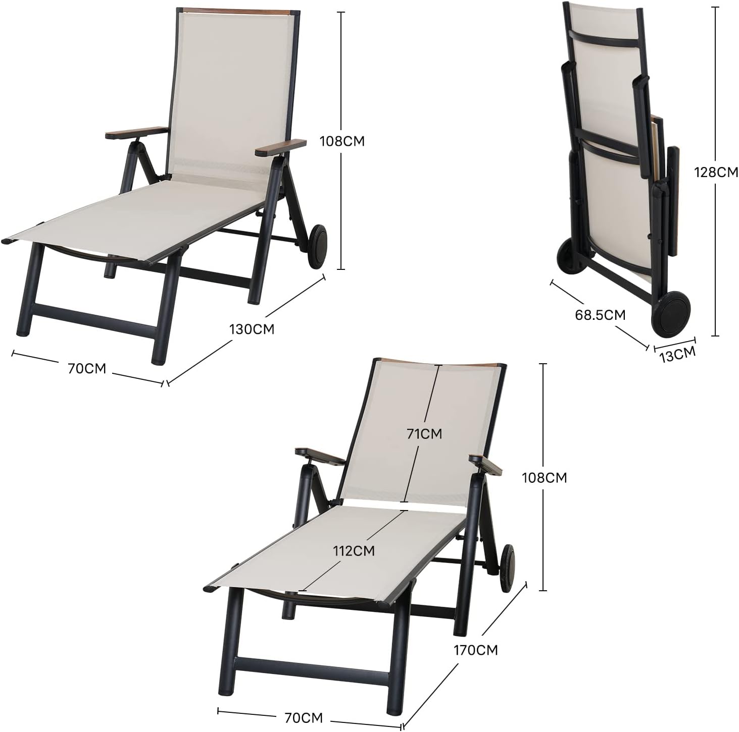 Sun Lounger with Wheels Beige Folding Reclining Chair