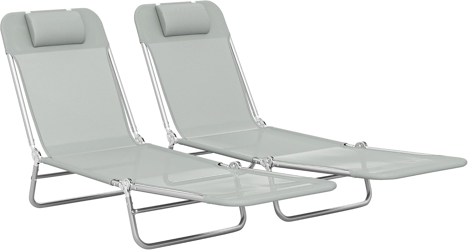 2 Folding Sun Loungers 5 Position Recliner Chairs Grey