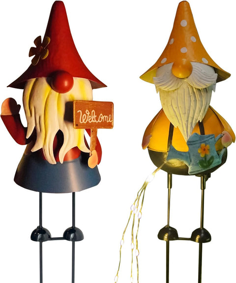 Solar Gnome Garden Statue Watering Can LED Lights 18in Decor