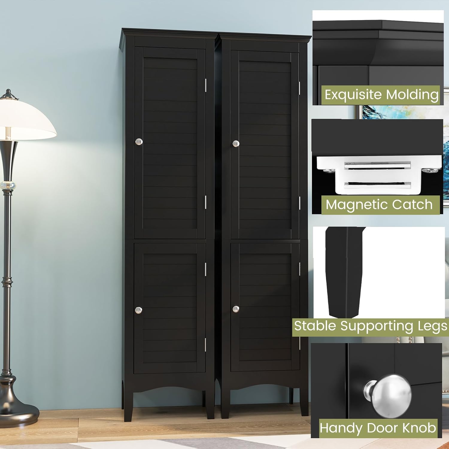 Tall Bathroom Storage Cabinet Black 2 Door Shelf Unit
