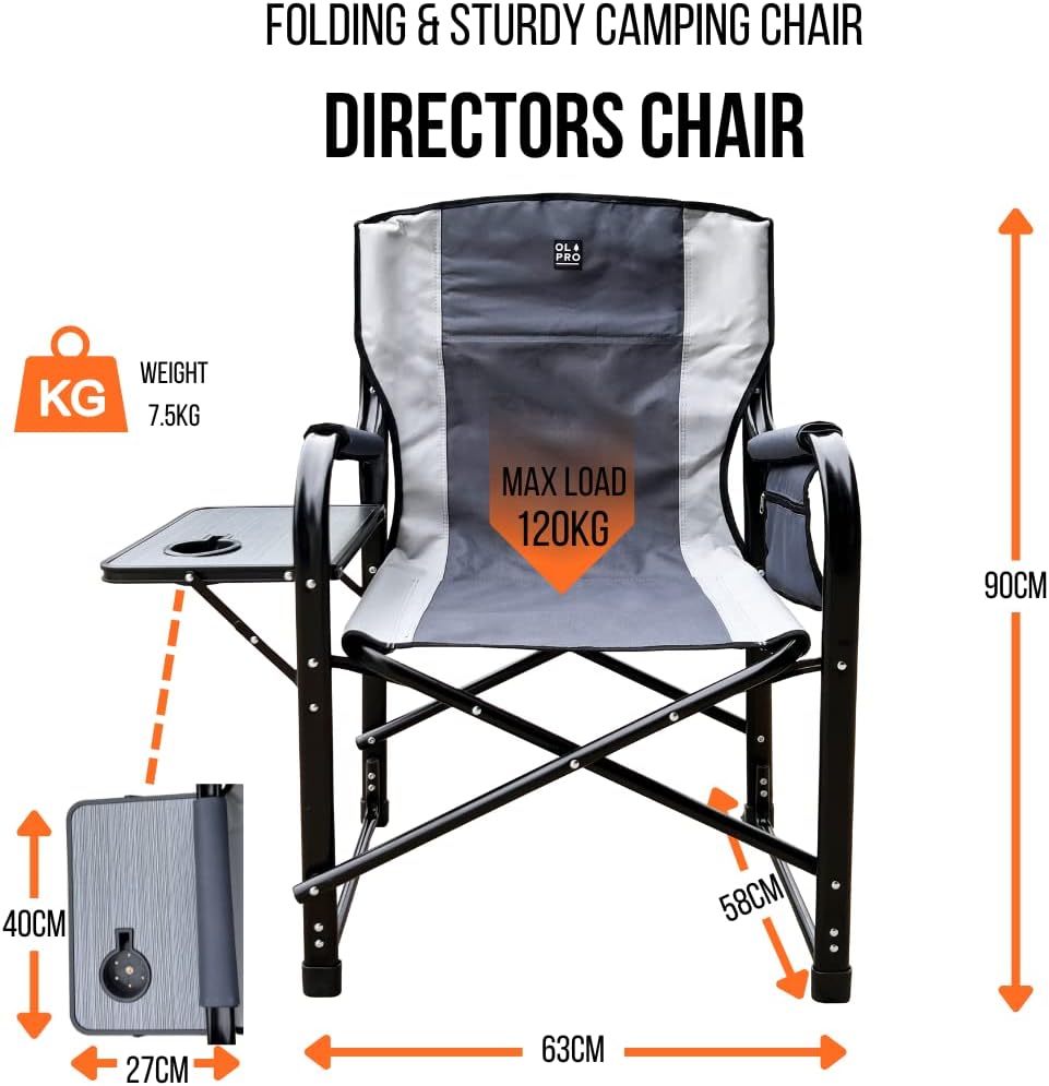 Grey Deluxe Directors Chair Folding Camping Seat Table