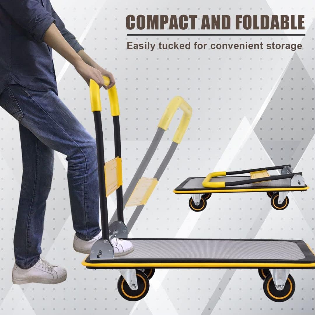Folding Push Cart Dolly 300KG Flatbed Trolley Yellow