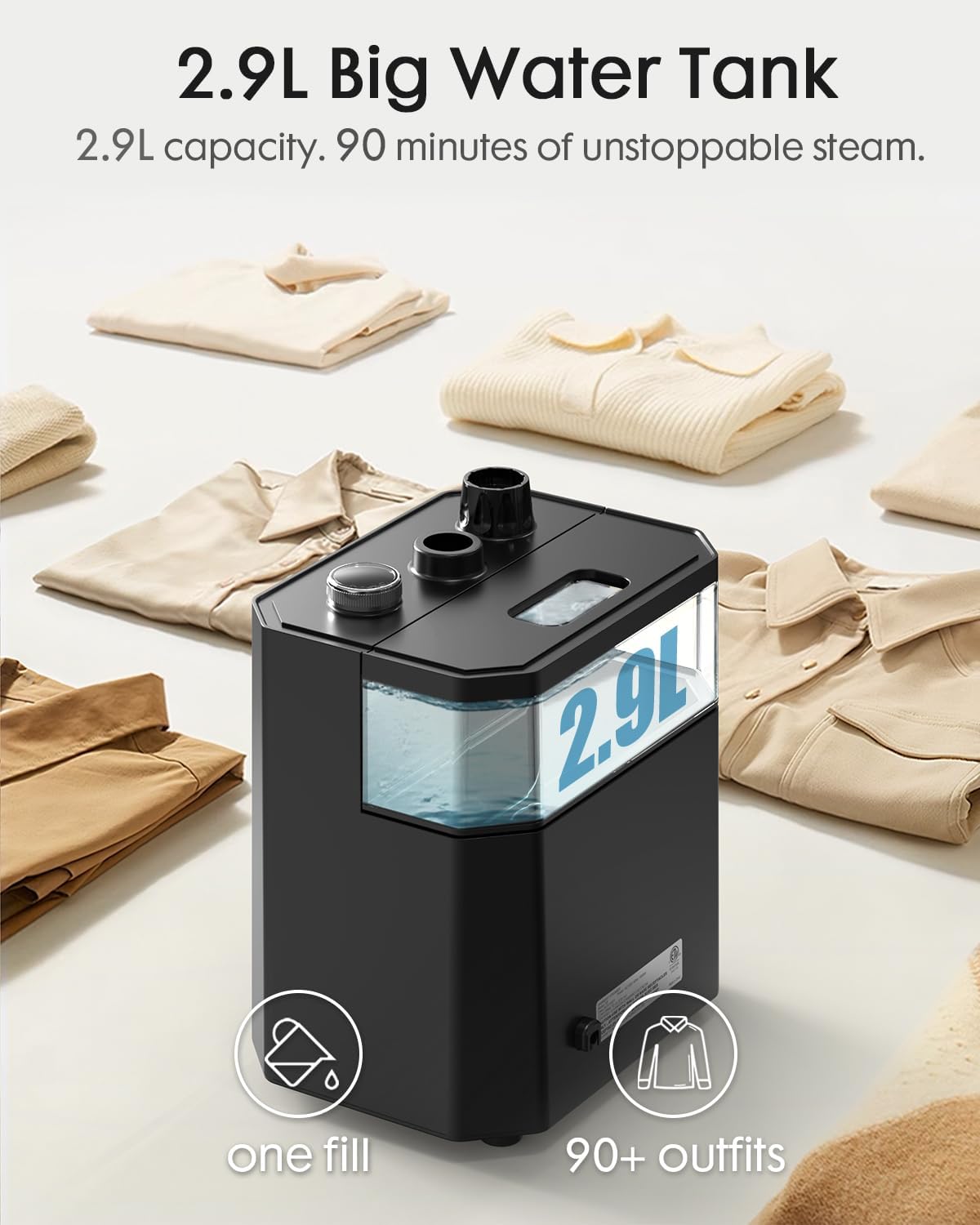 2200W Garment Steamer Upright 2.9L Tank 90 Min Steam 48g Power