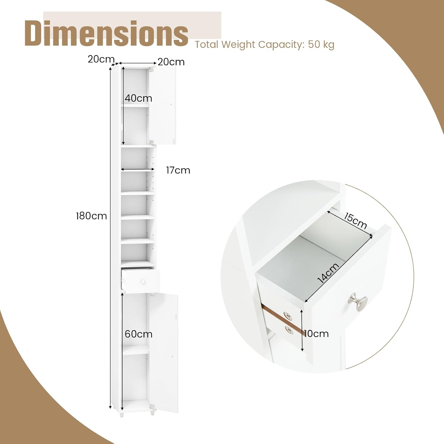 Tall Slim Storage Cabinet White Drawer Adjustable Shelf Unit