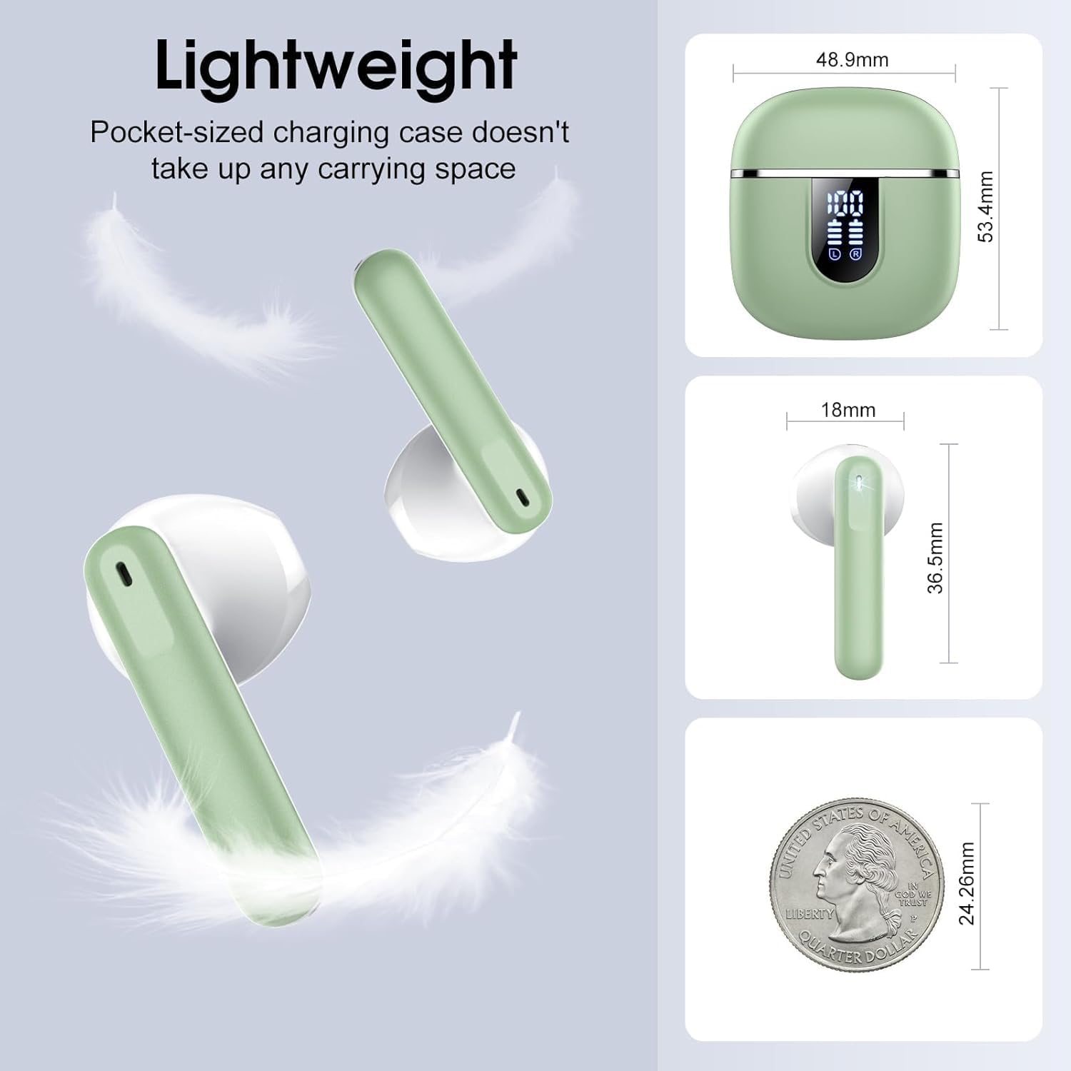 Wireless Bluetooth Earbuds 40Hr Playback ENC Noise Cancelling IP7 Green