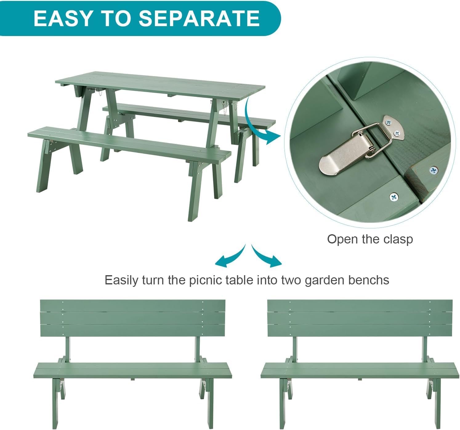 3 in 1 Wooden Picnic Table Bench Set Convertible Folding Garden