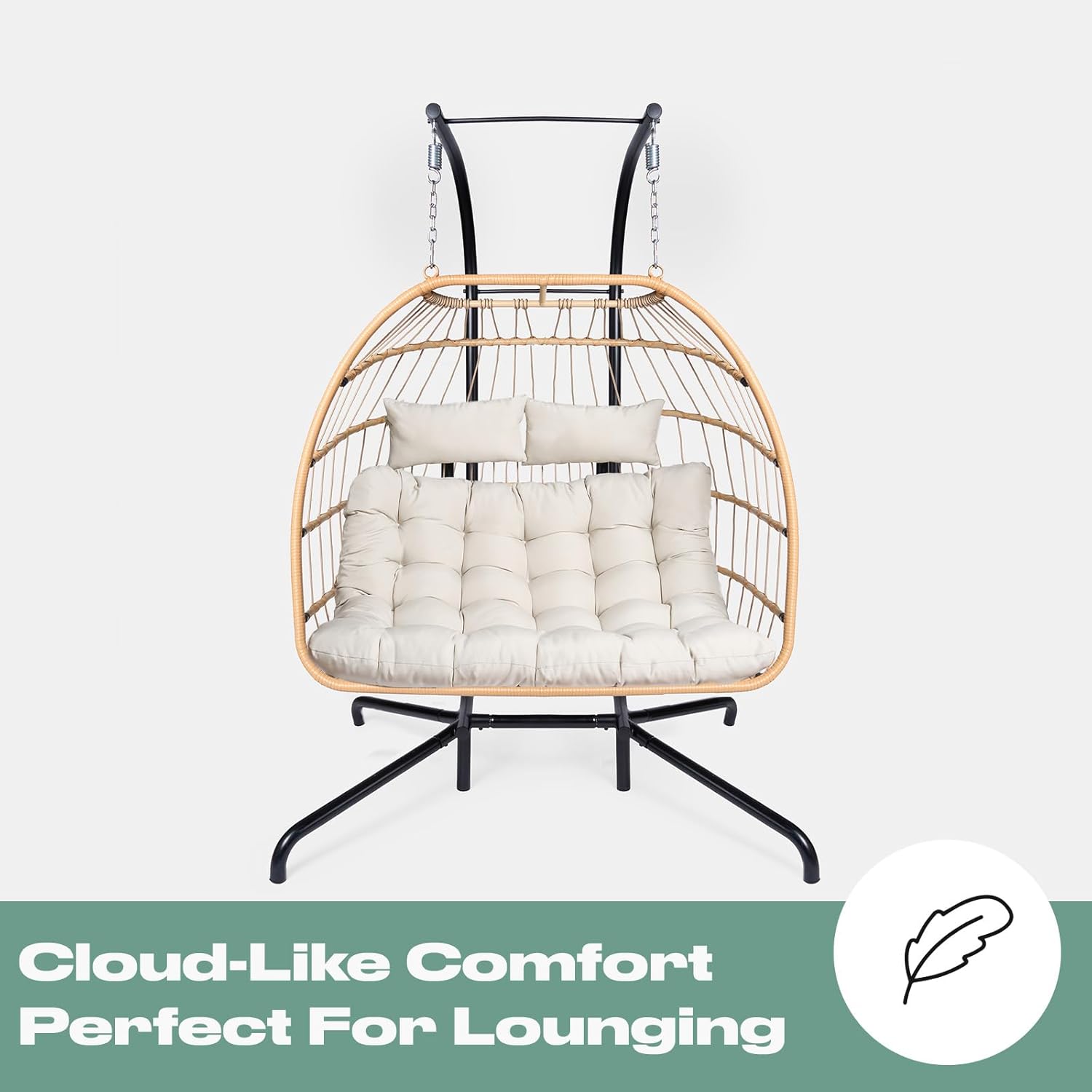 Double Egg Chair Natural Rattan Swing with Stand Cushion