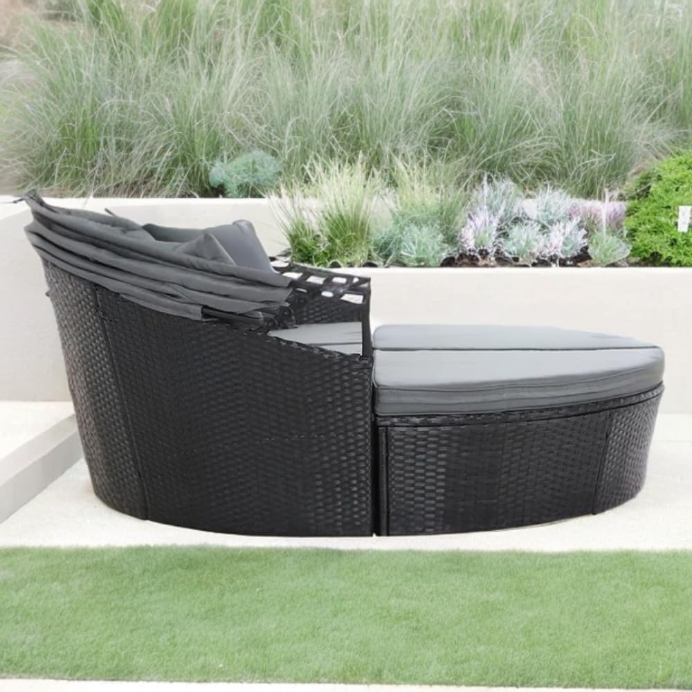 Outdoor Rattan Bali Day Bed Set Canopy Black