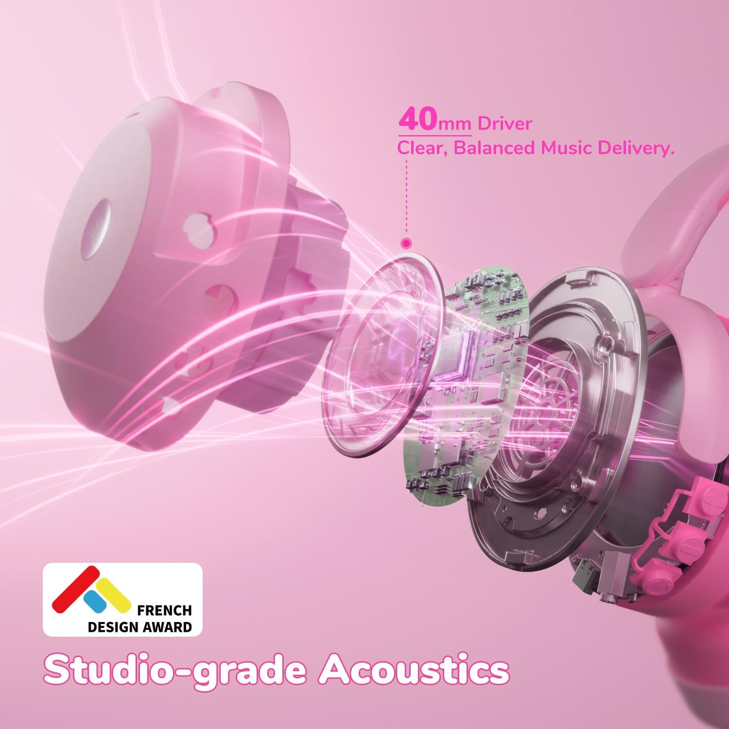 Kids Bluetooth ANC Headphones Safe Volume 60 Hour Battery Pink