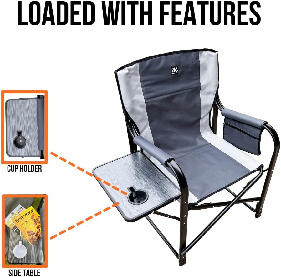 Grey Deluxe Directors Chair Folding Camping Seat Table