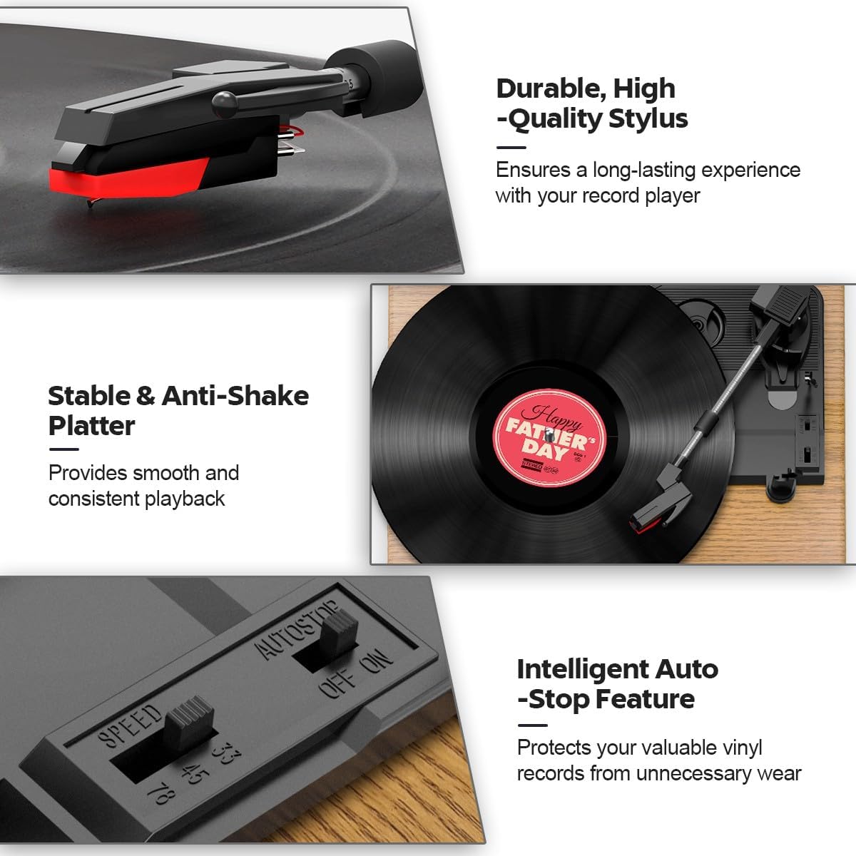 3-Speed Vinyl Turntable with Bluetooth, Built-in Speakers & RCA Output