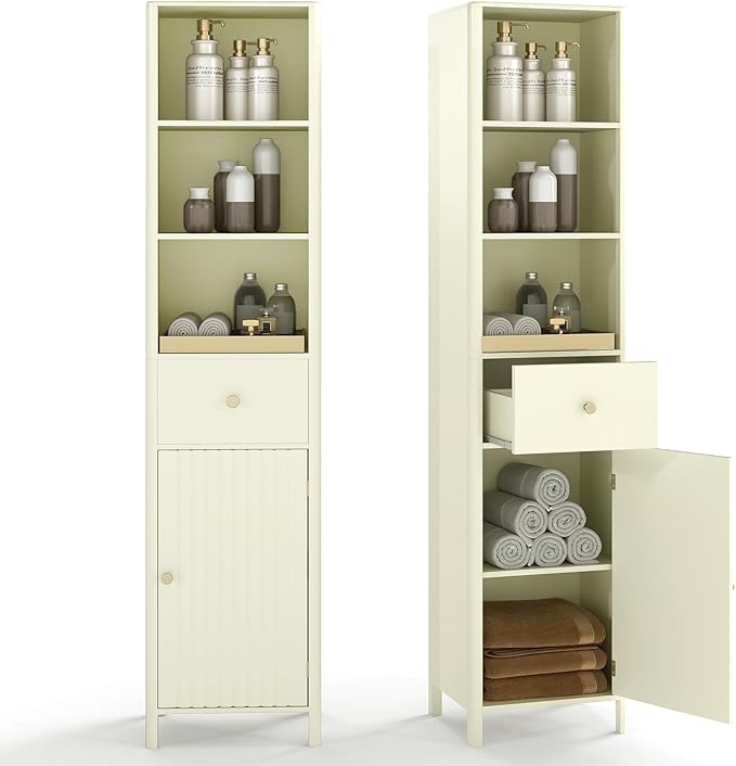 Tall Bathroom Storage Cabinet Beige Fluted Door Drawer 170cm
