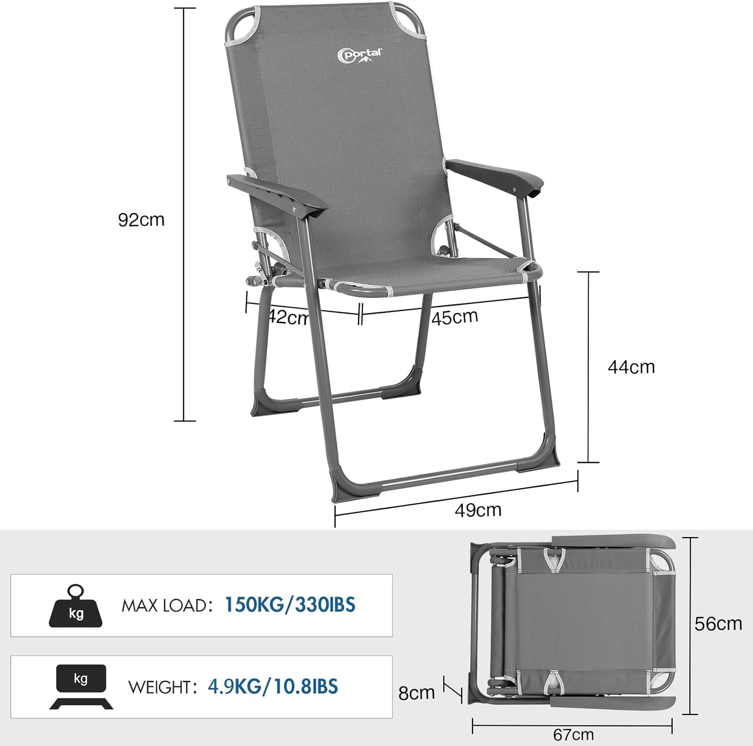 Lightweight Folding Camping Chair High Back Grey