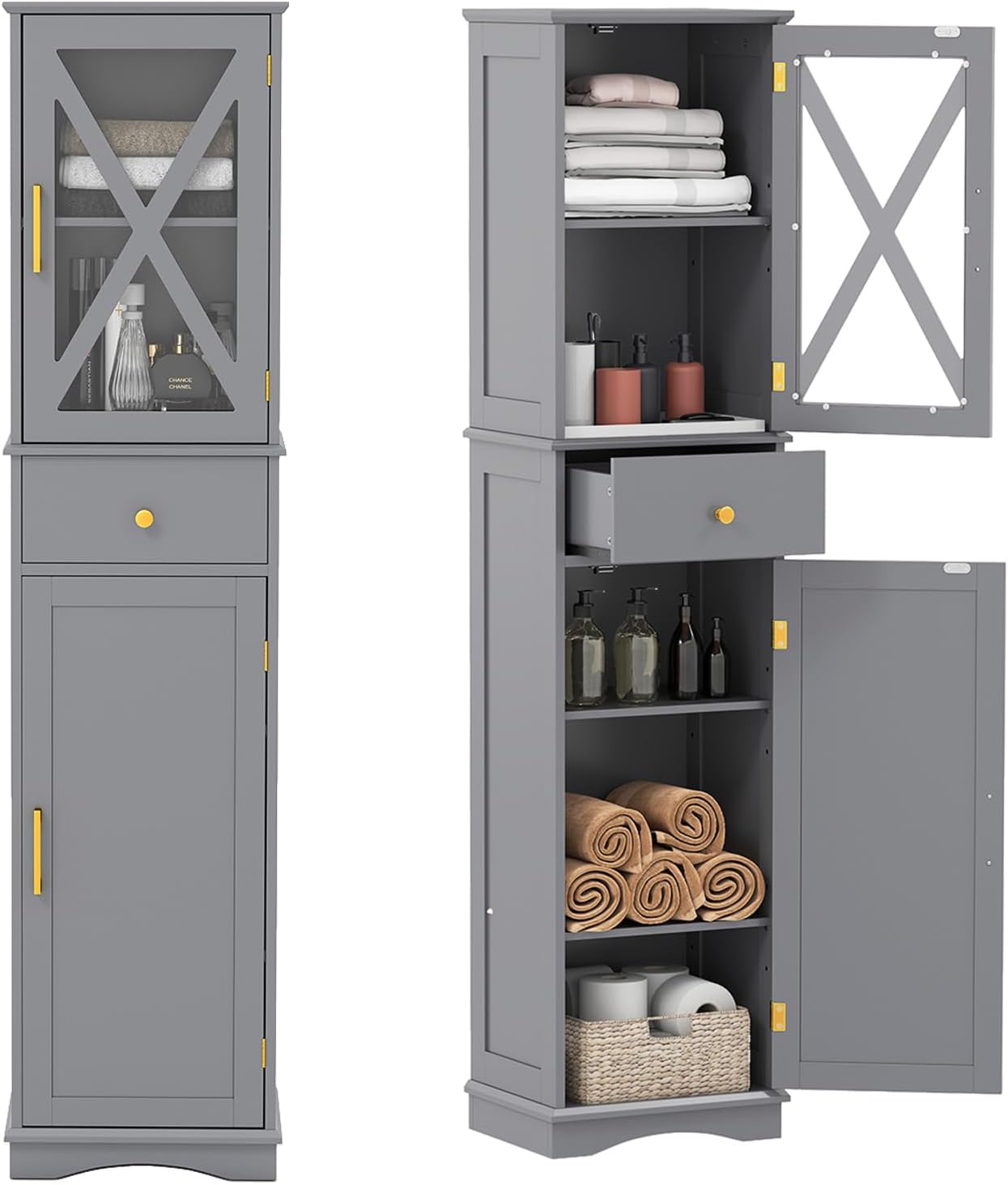 Tall Slim Storage Cabinet Grey Glass Door Drawer Unit
