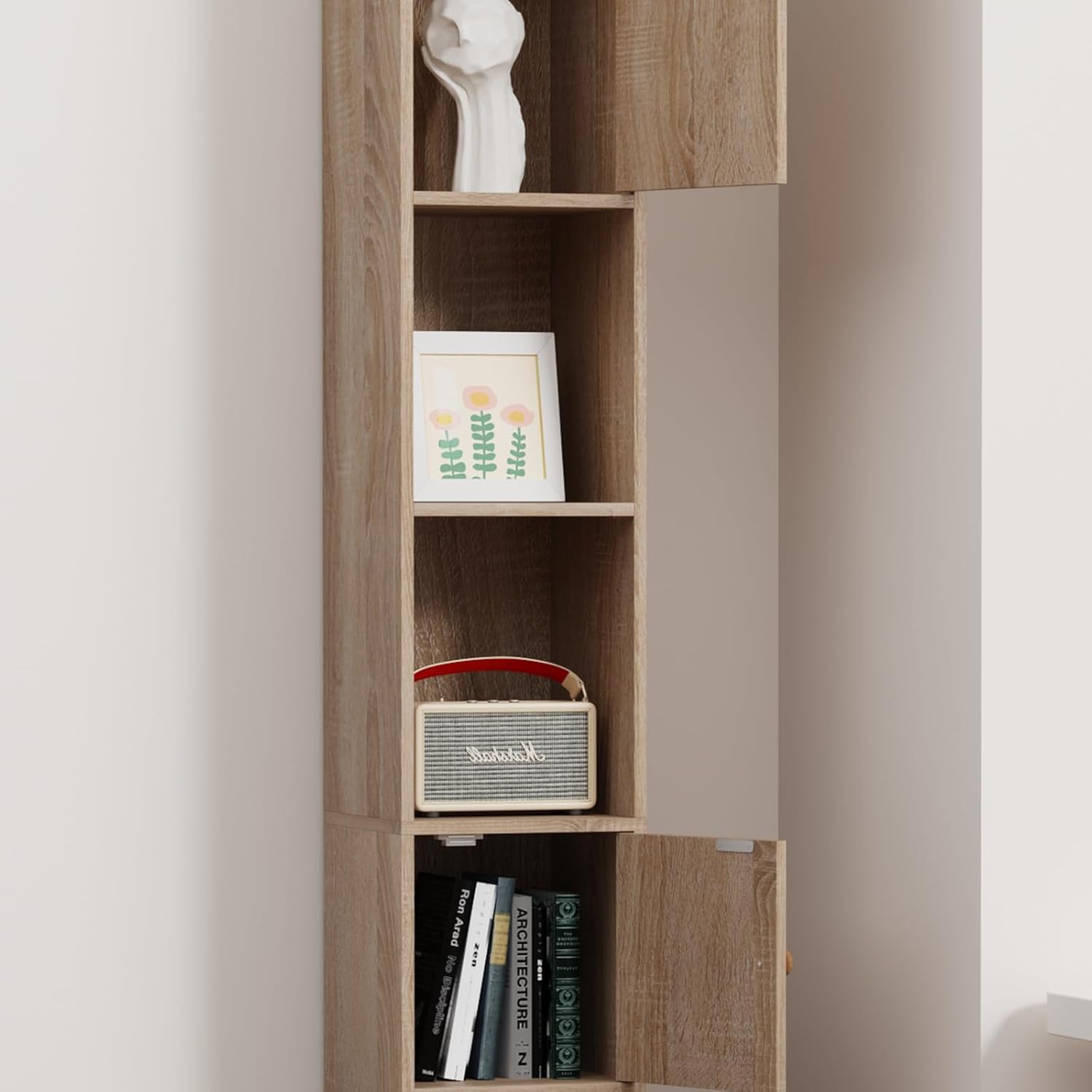 Tall Slim Storage Cabinet Walnut Door Shelves Unit