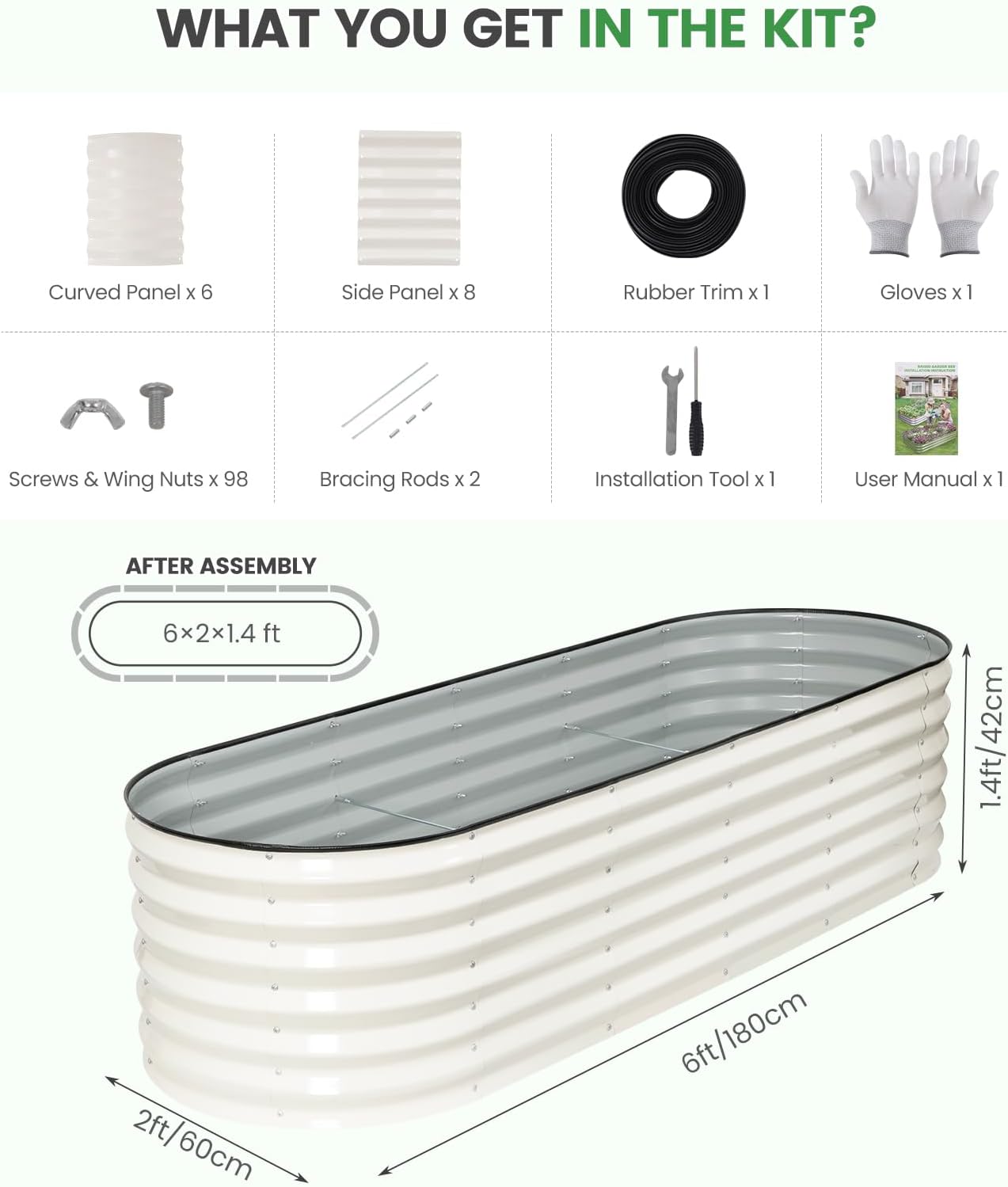 Large White Metal Raised Garden Bed Planter 180x60cm