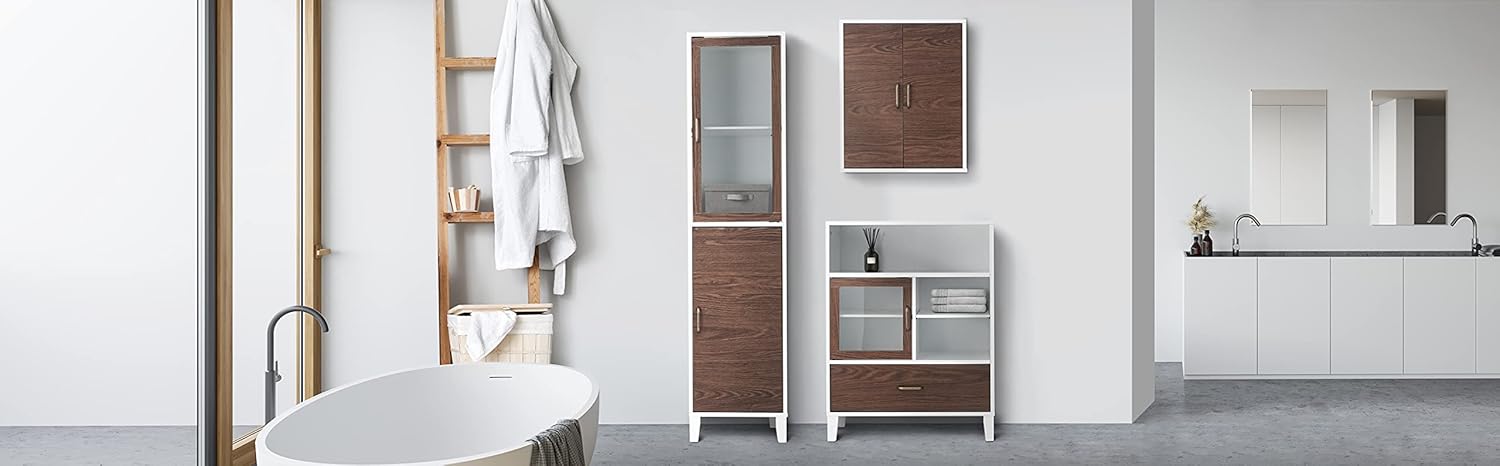 Tall Bathroom Linen Tower Cabinet Glass Door Shelf White Brown