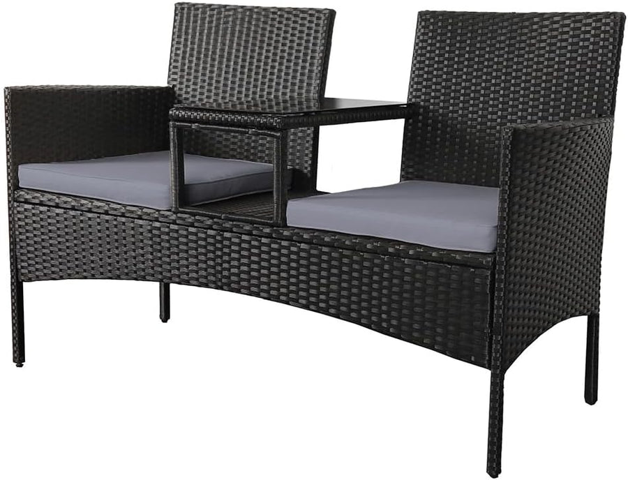2 Seater Rattan Garden Bench w/Glass Table Patio Loveseat