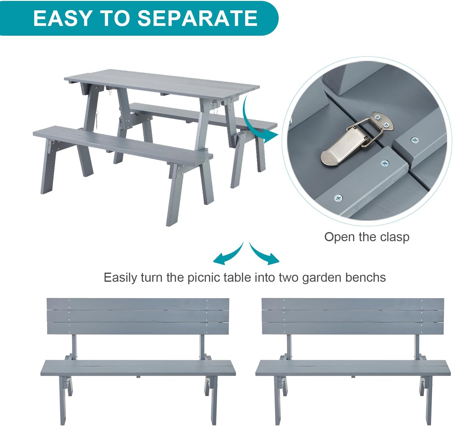 Convertible Wooden Picnic Table with Benches 3 in 1 Folding Set