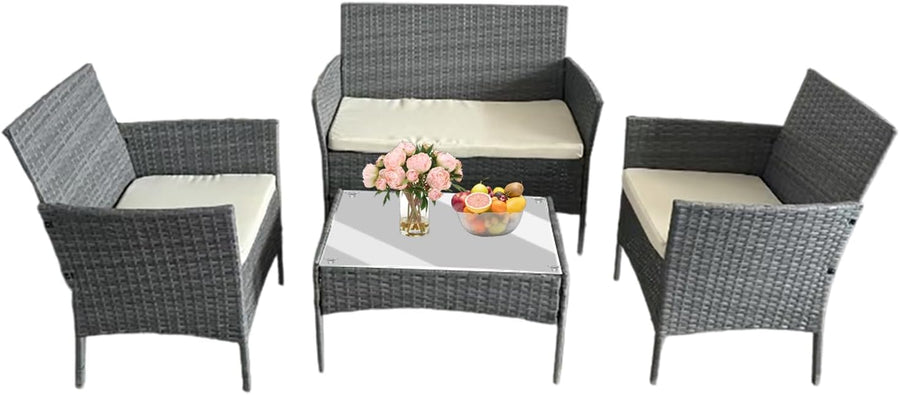 Rattan Garden Furniture Set 2 Chairs Loveseat Table Cushions