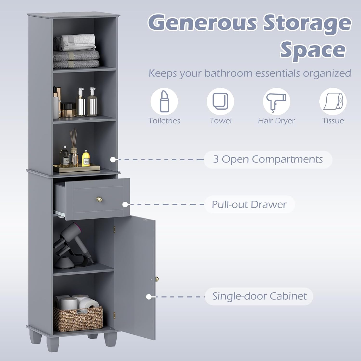 Slim Tall Storage Cabinet Grey Drawer Shelf Door Unit