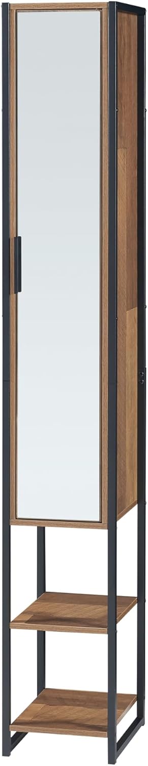 Walnut Tall Bathroom Cabinet Mirror Door Shelf Storage Unit