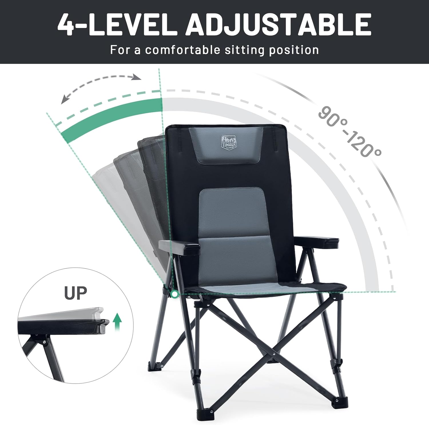 Heavy Duty Reclining Camping Chair 260kg Foldable Padded Seat