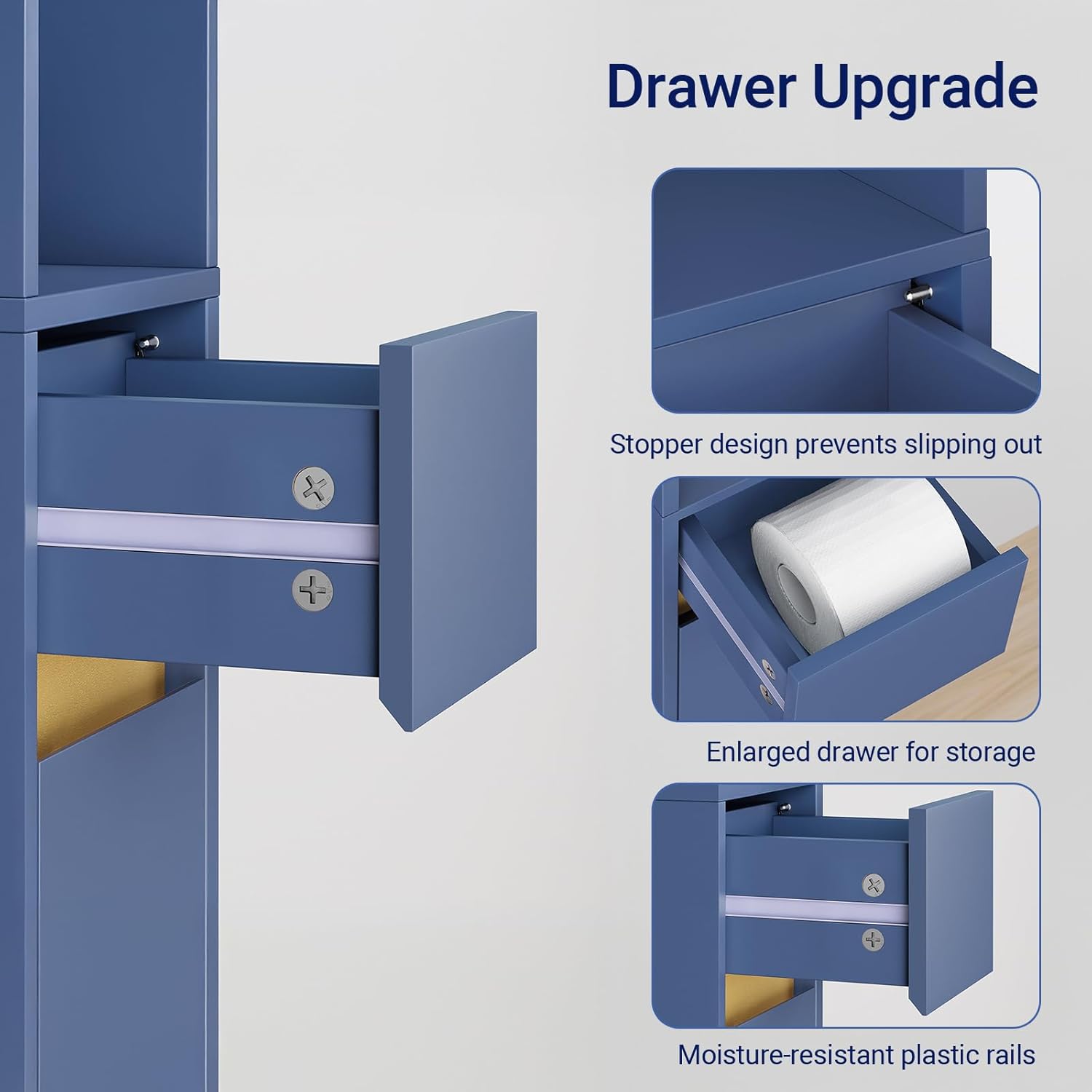 Tall Slim Bathroom Storage Cabinet 20cm Blue Drawer Shelves