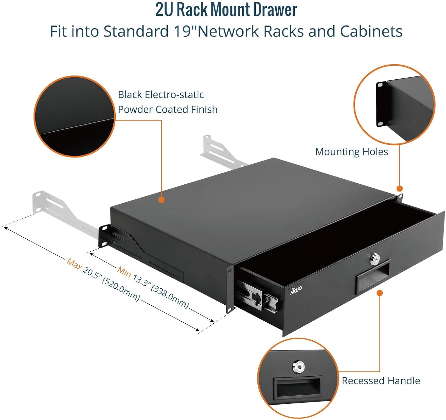 2U Rack Drawer 19 Inch Lockable Steel Server Cabinet Tray