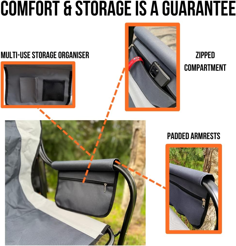 Grey Deluxe Directors Chair Folding Camping Seat Table
