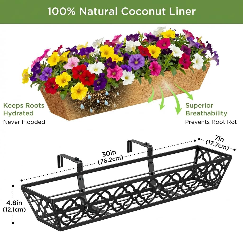 30in Railing Planter Box Set 2 Large Metal Trough Coco Liner