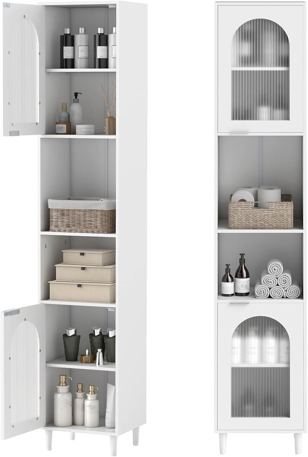 Tall Slim Storage Cabinet White Glass Door Shelves Unit