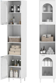 Tall Slim Storage Cabinet White Glass Door Shelves Unit