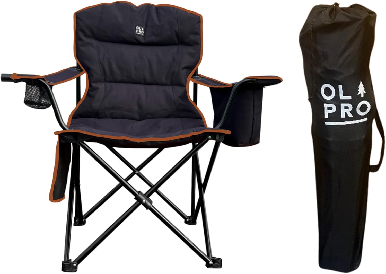 Padded Folding Camping Chair with Cooler Black Orange