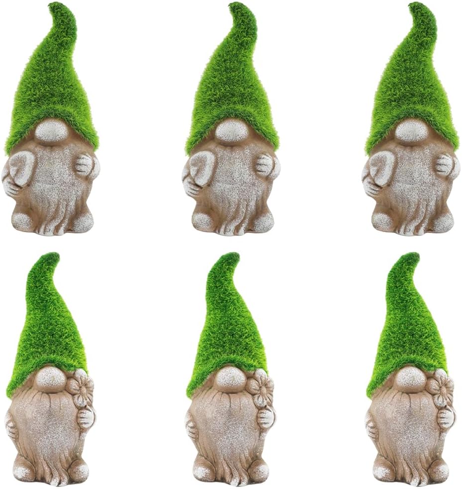 Set of 6 Garden Gnome Ornaments 7in Ceramic Stone Effect Flocked Hat