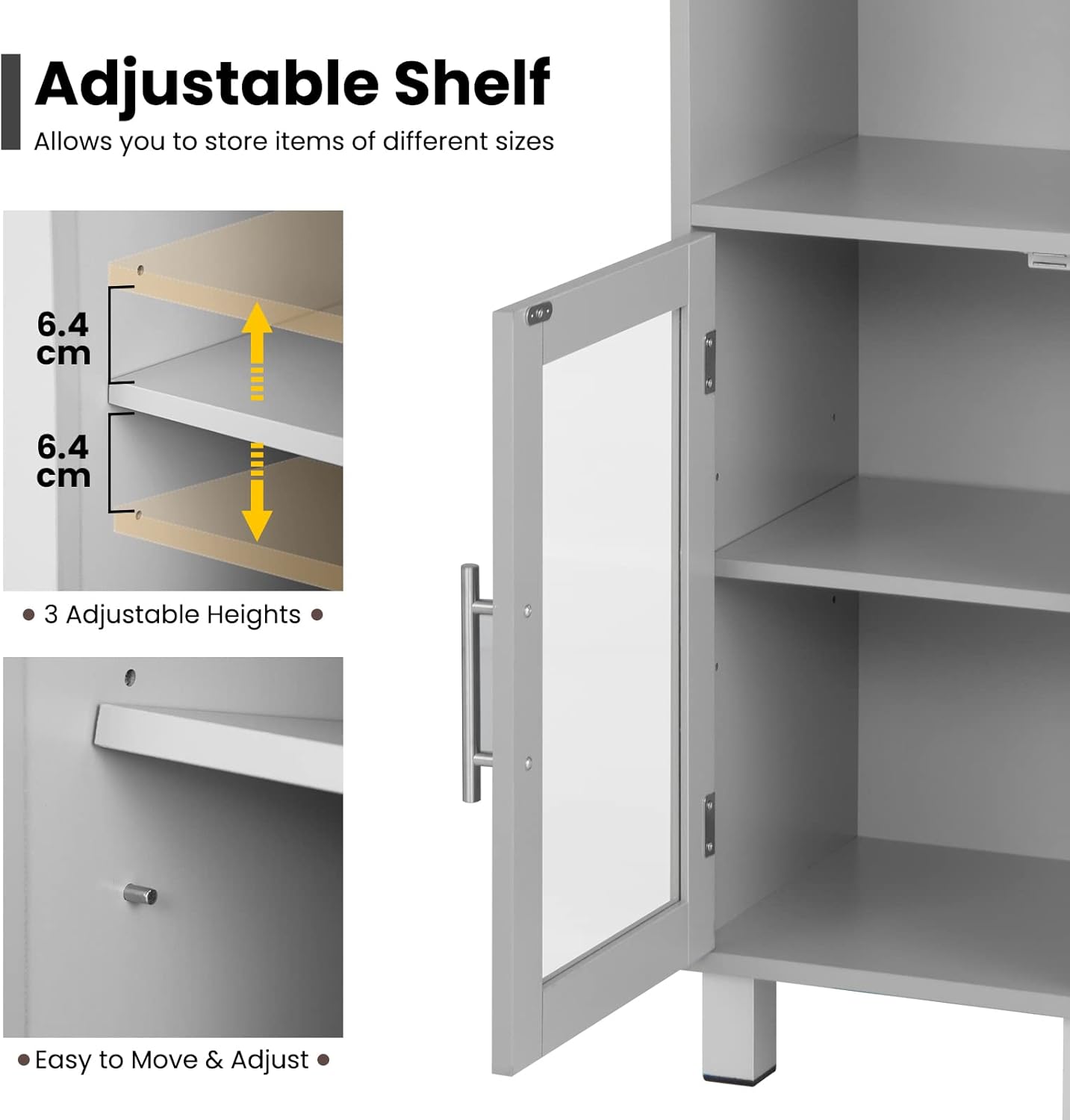 Tall Bathroom Storage Cabinet Slim Grey Cupboard Glass Door Shelf Unit