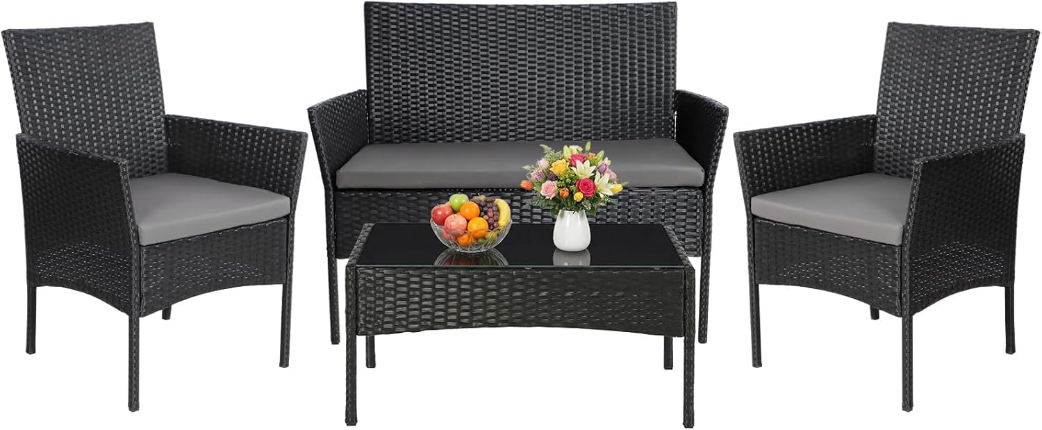 4 Piece Rattan Garden Furniture Set Patio Sofa Chairs Glass Table