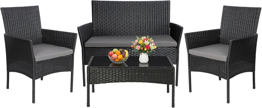 4 Piece Rattan Garden Furniture Set Patio Sofa Chairs Glass Table