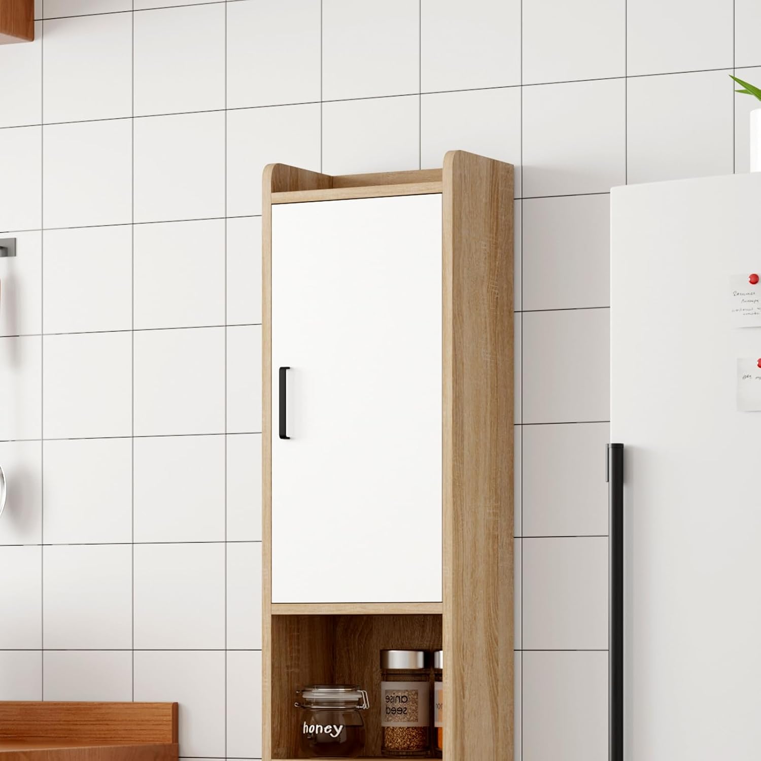 Tall Slim Bathroom Storage Cabinet 2 Doors White Maple 170cm