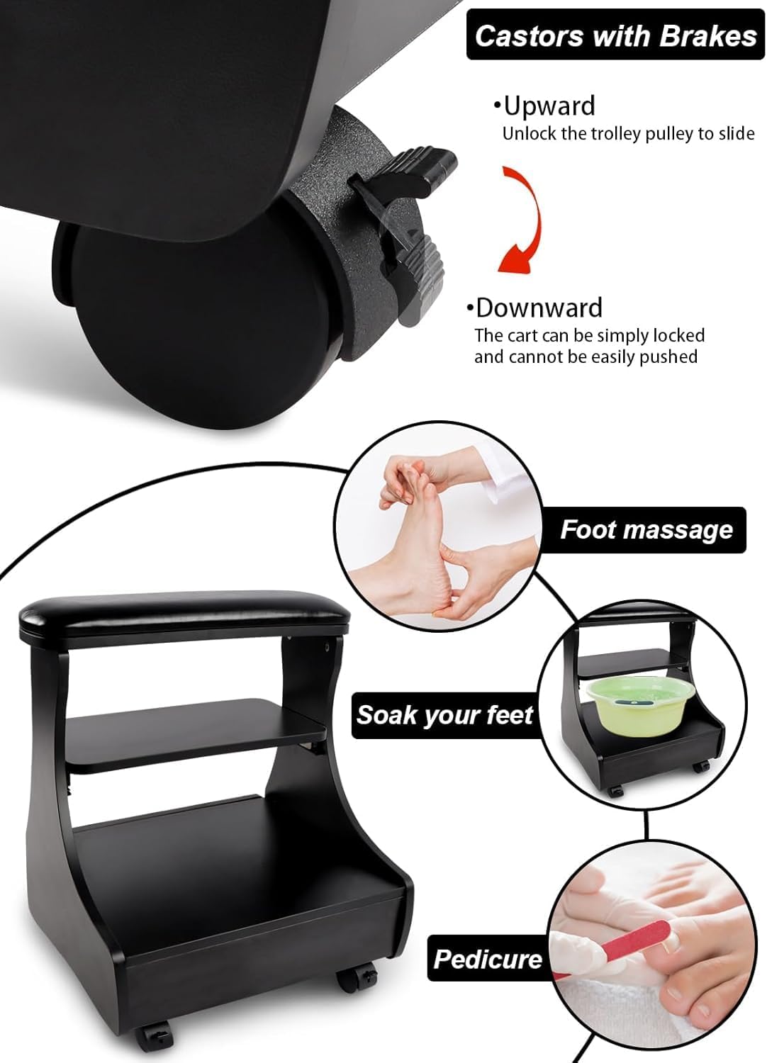 Pedicure Foot Rest with Wheels PU Leather Nail Stool Trolley