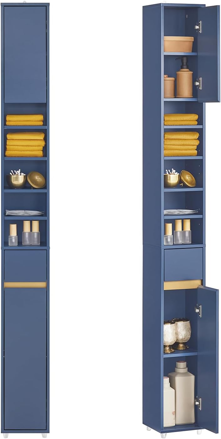 Tall Slim Bathroom Storage Cabinet 20cm Blue Drawer Shelves