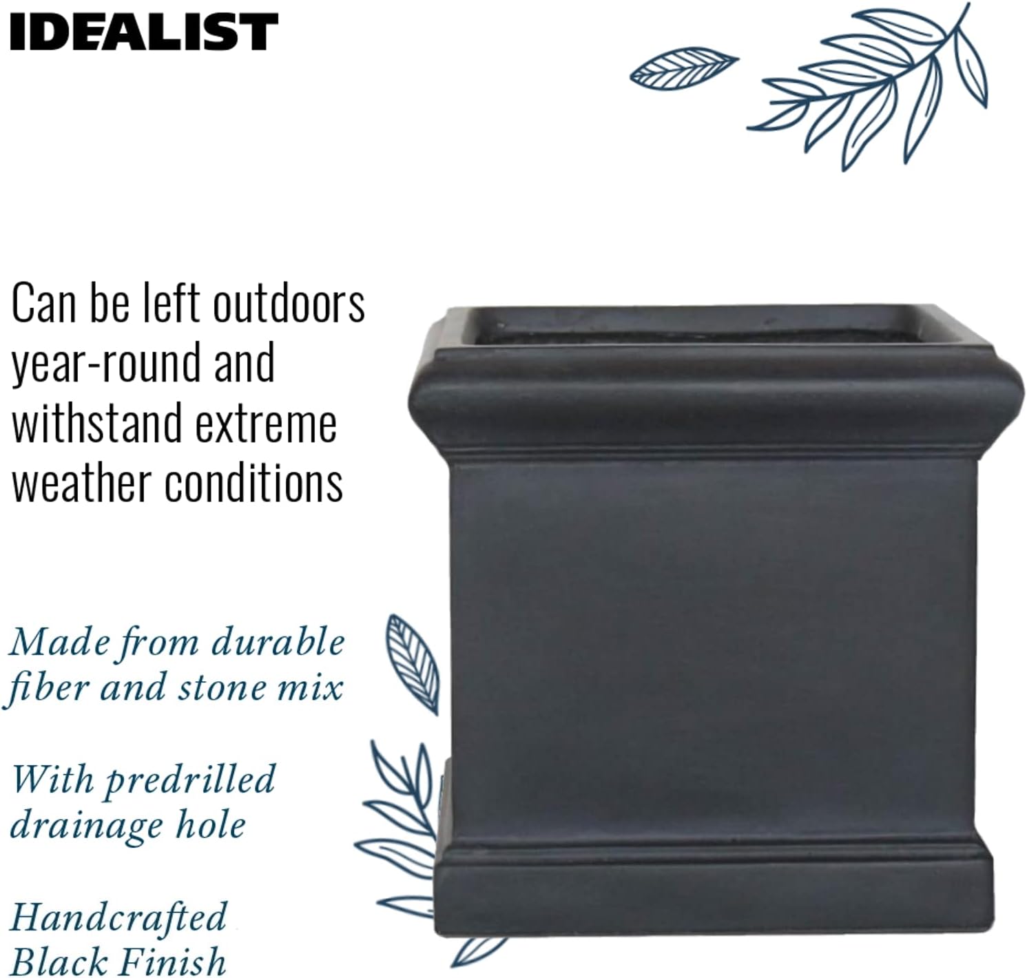 35cm Square Planter Black Slate Effect Garden Flower Pot
