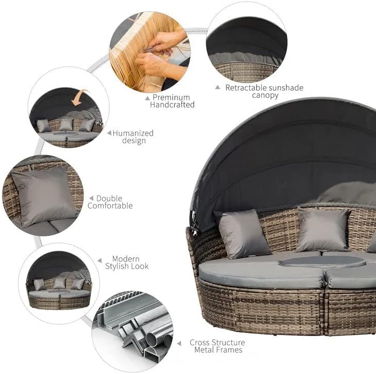 Luxury Round Rattan Daybed with Canopy Grey