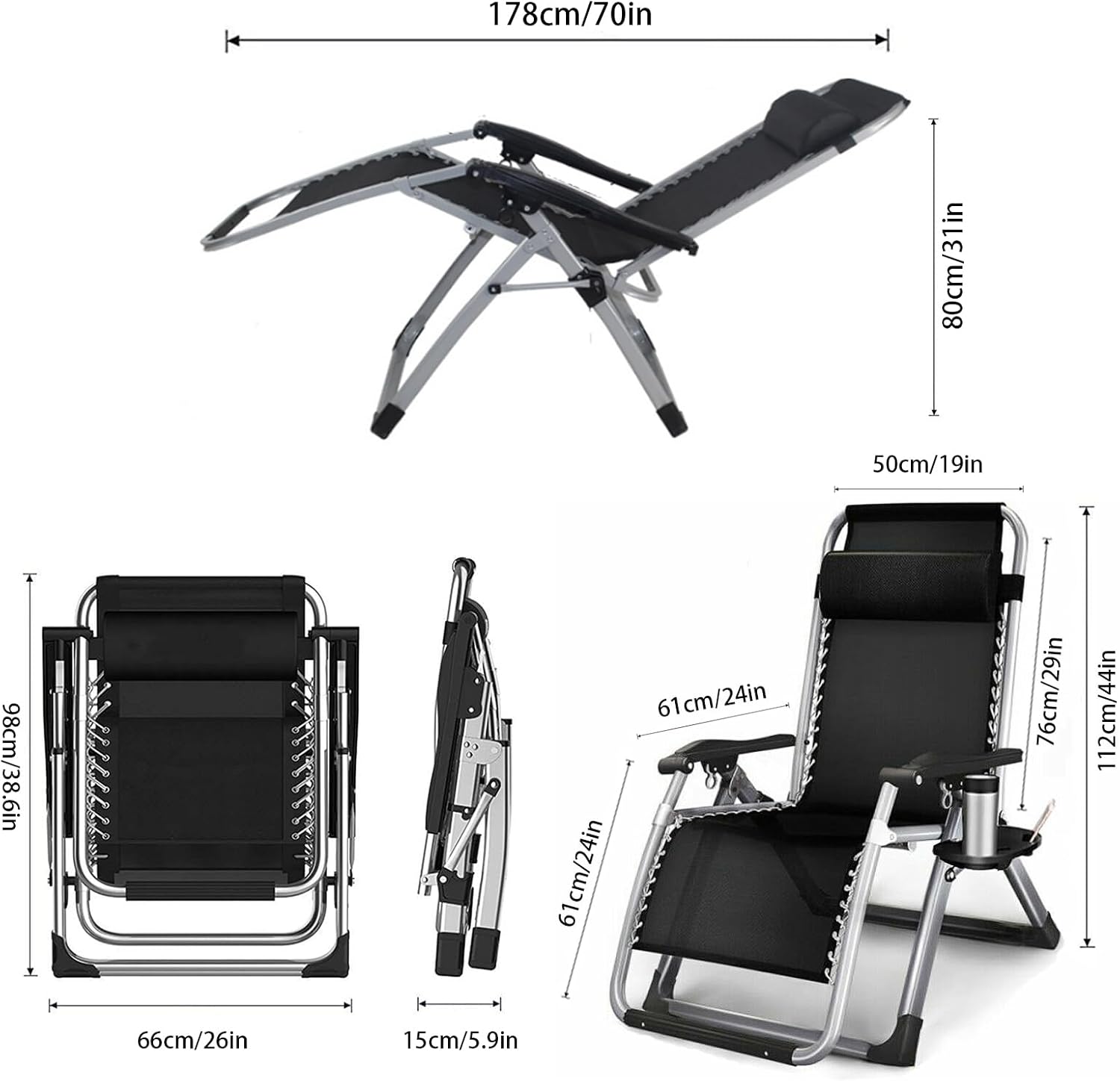 Zero Gravity Reclining Chair Folding Sun Lounger Black 200KG