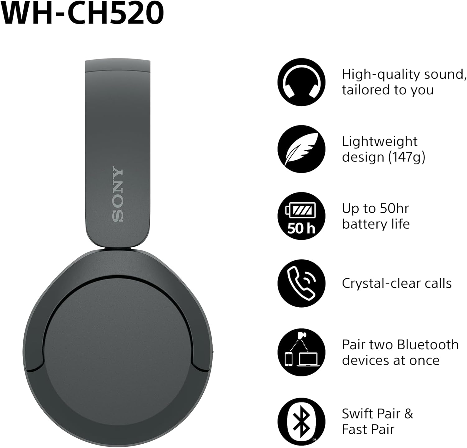 Black On Ear Bluetooth Headphones 50H Battery Lightweight