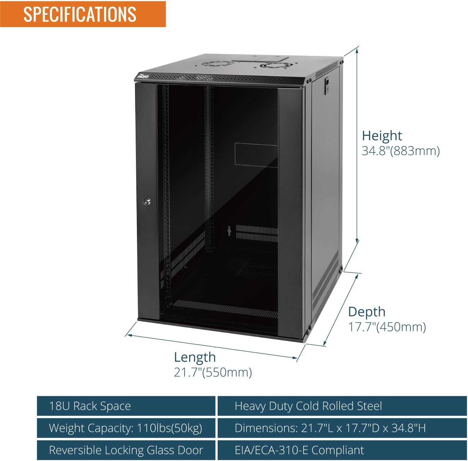 18U Wall Mount Server Cabinet 450mm Glass Door Black