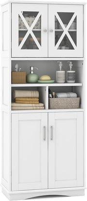 Tall Bathroom Storage Cabinet 4 Door Shelf Unit White