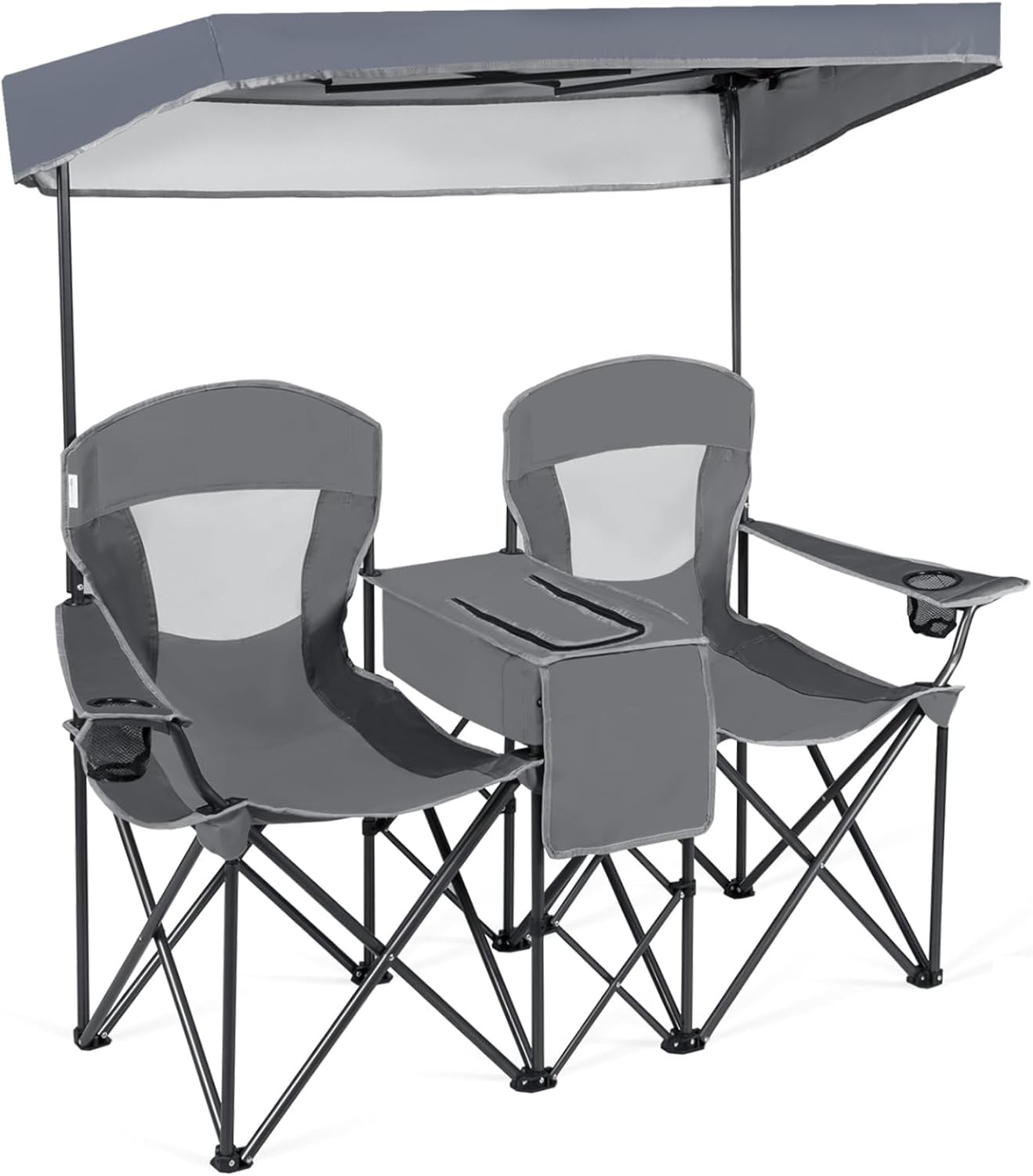 Double Camping Chair with Canopy Cooler Bag Cup Holders Grey
