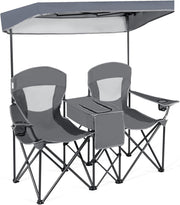 Double Camping Chair with Canopy Cooler Bag Cup Holders Grey